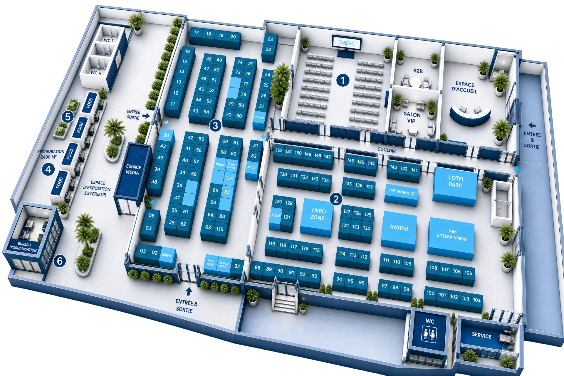 AAAEXPO 2026 exhibition floor plan showing numbered stands, B2B area, conference hall, catering and entrances